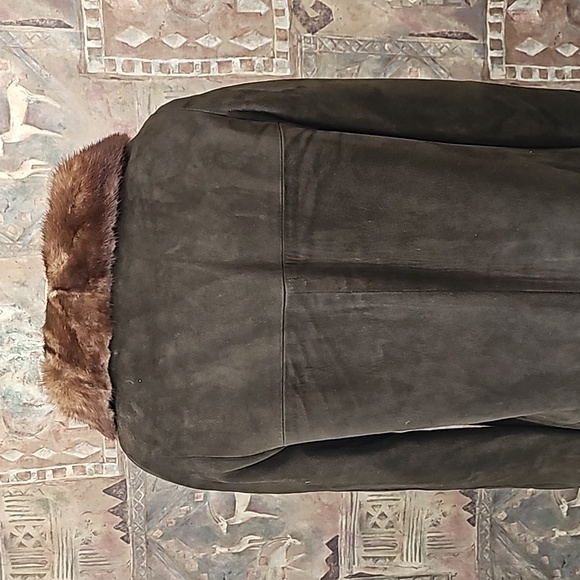 Vintage genuine leather suede lined fur collar long jacket coat  button closure - Picture 8 of 11